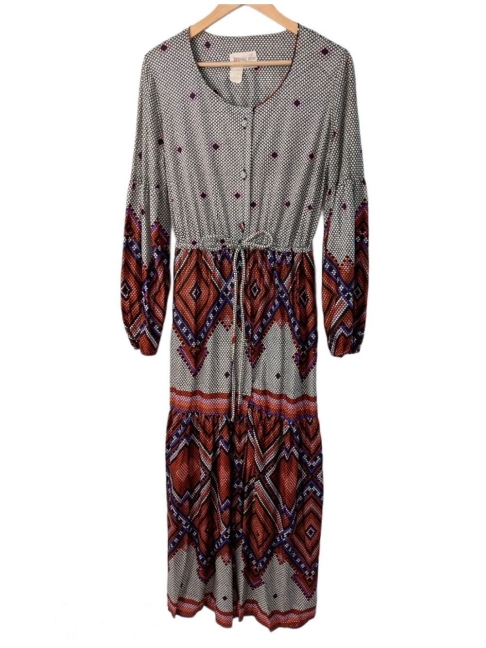 Vintage Van Raalte 70s Mosaic Print Tiered Boho Midi Dress